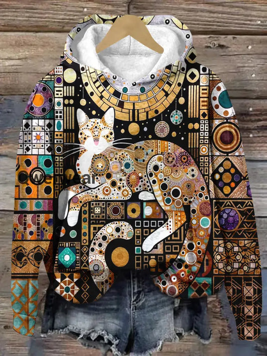 Cat Retro Graphic Print Unisex Long Sleeve Casual Hooded Sweatshirt Light Brown / S