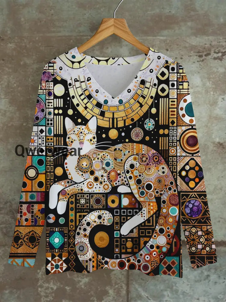 Cat Retro Graphic Print Unisex V-Neck Long Sleeve Casual T-Shirt Light Brown / S