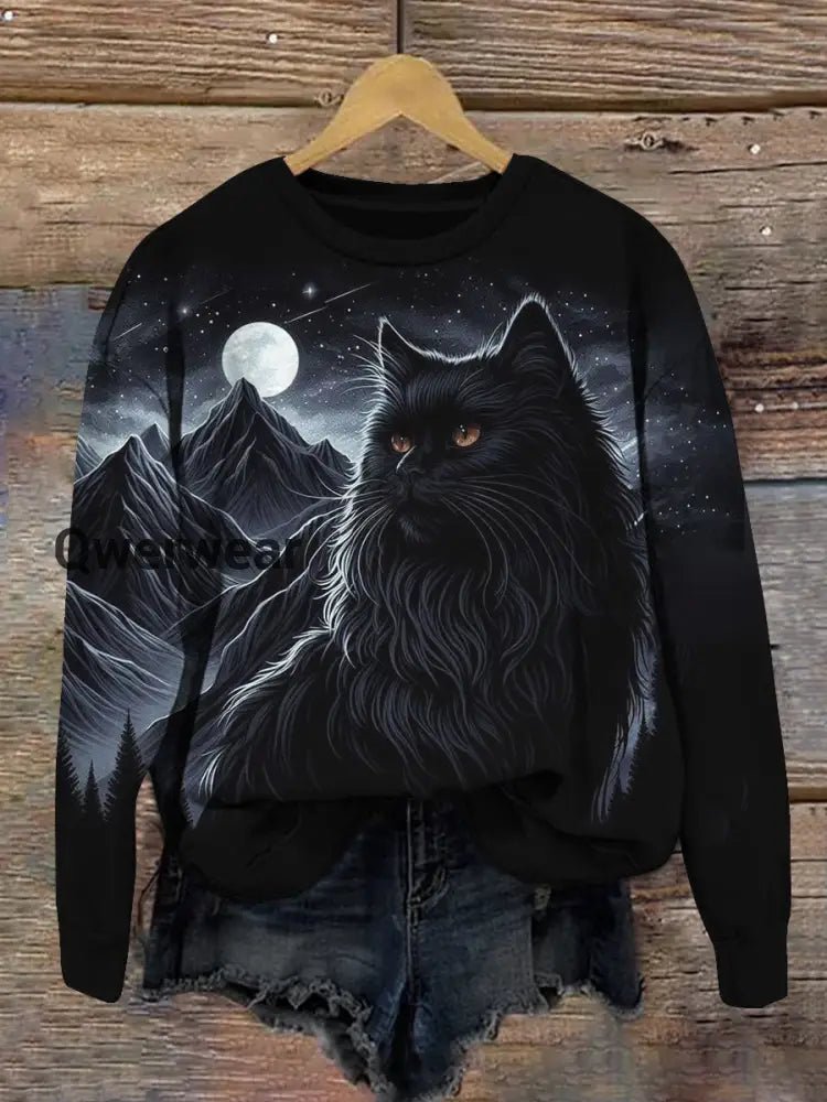 Cat Retro Print Unisex Crew Neck Long Sleeve Casual Sweatshirt Black / S