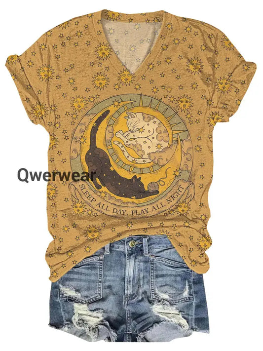 Cat Sleep All Day Play All Night V-Neck Short Sleeve T-Shirt As Picture / S Women\’s Tops