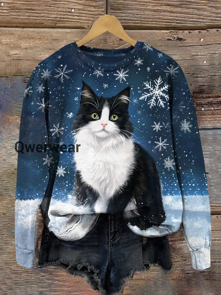 Cat Snowflake Art Print Unisex Crew Neck Long Sleeve Casual Sweatshirt Navy Blue / S