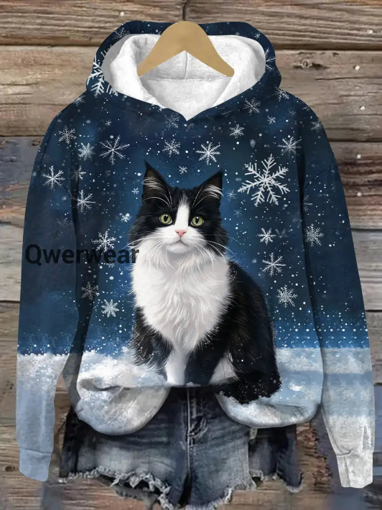 Cat Snowflake Art Print Unisex Long Sleeve Casual Sweatshirt Navy Blue / S