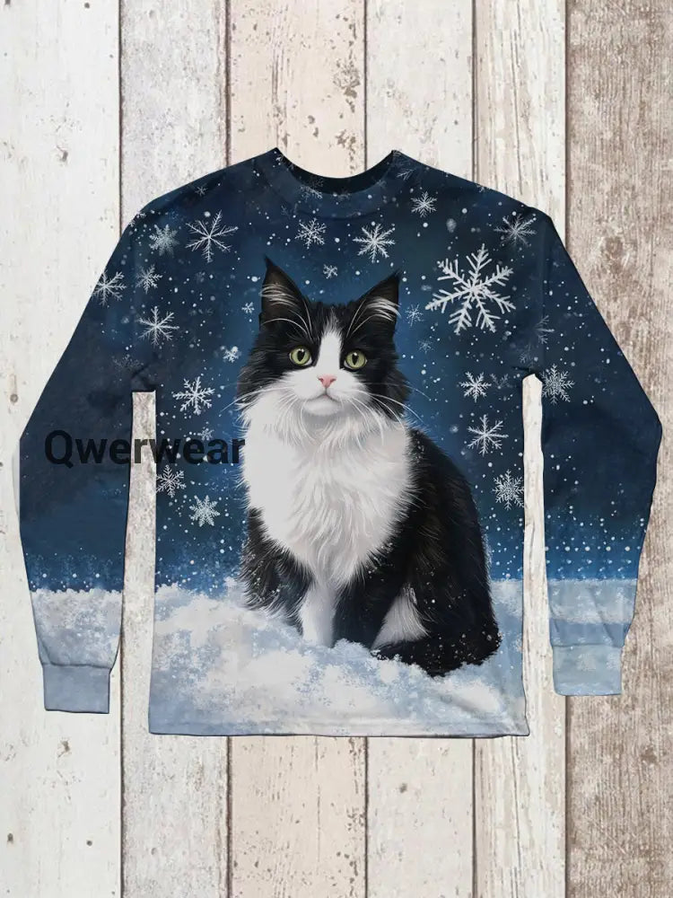 Cat Snowflake Art Print Unisex Round Neck Long Sleeve Casual T-Shirt Navy Blue / S