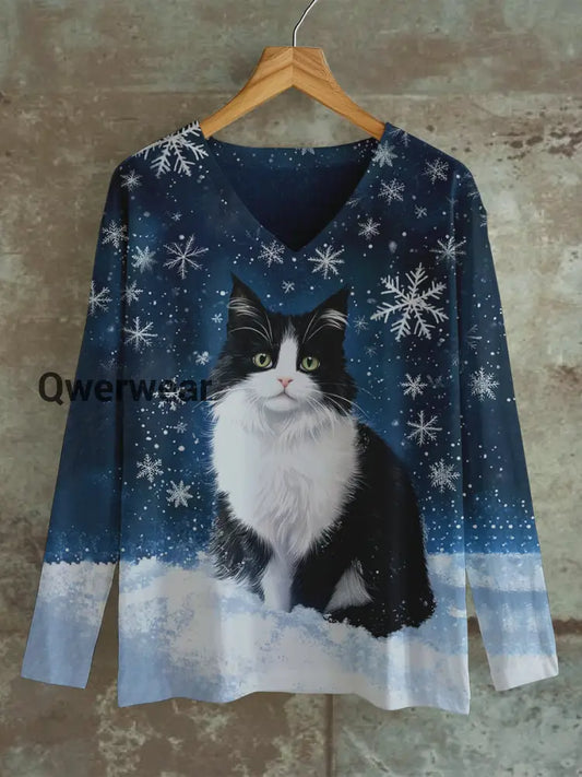 Cat Snowflake Art Print Unisex V-Neck Long Sleeve Casual T-Shirt Navy Blue / S