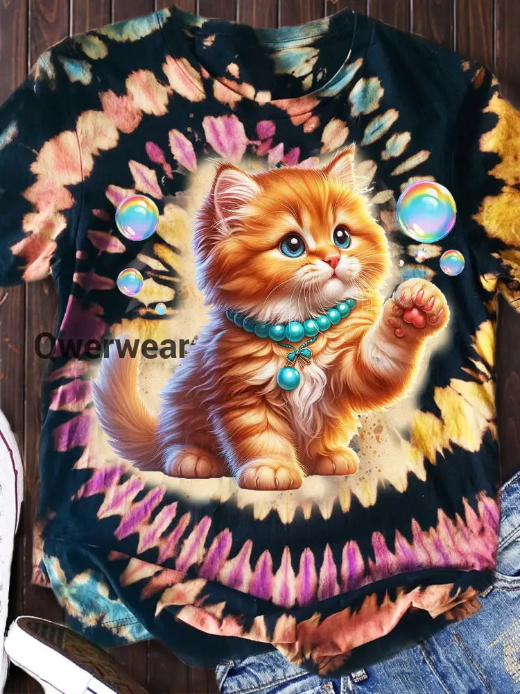 Cat Tie Dye Printed Short Sleeve Top Mixed Color / S Women\’s Tops