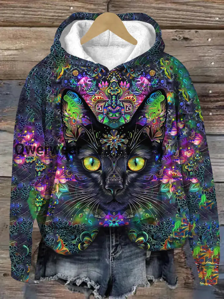 Cat Vintage Print Unisex Long Sleeve Casual Sweatshirt Navy Blue / S