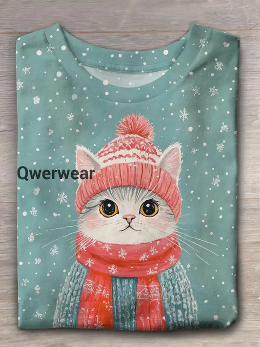 Cat Wearing A Scarf In Winter Crew Neck T-shirt Mixed Color / S Women\’s Tops