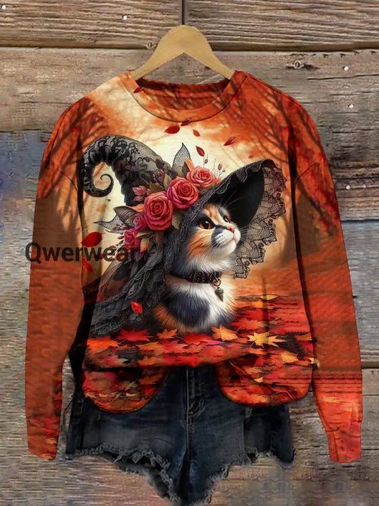 Cat Witch Art Print Unisex Crew Neck Long Sleeve Casual Sweatshirt Maroon / S