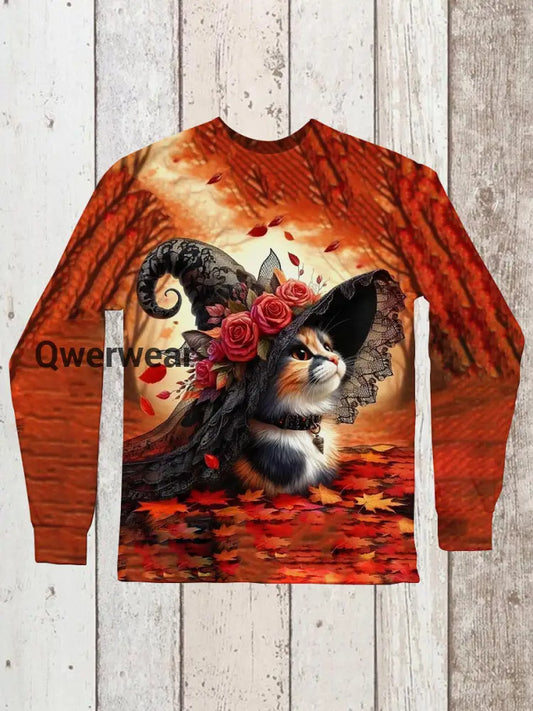 Cat Witch Art Print Unisex Round Neck Long Sleeve Casual T-Shirt Maroon / S