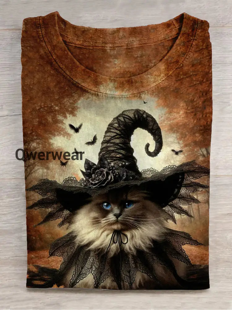 Cat Witch Art Print Unisex Round Neck Short Sleeve Casual T-Shirt Brown / S