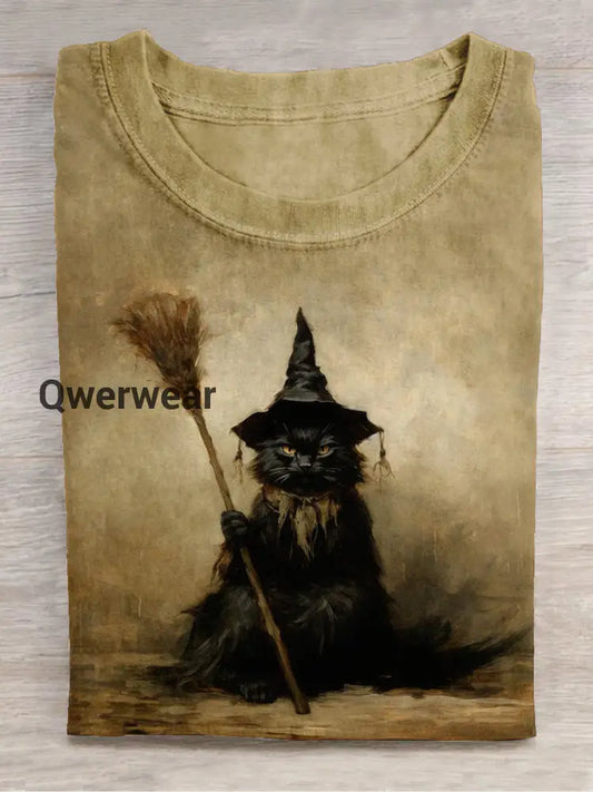 Cat Witch Art Print Unisex Round Neck Short Sleeve Casual T-Shirt Light Brown / S