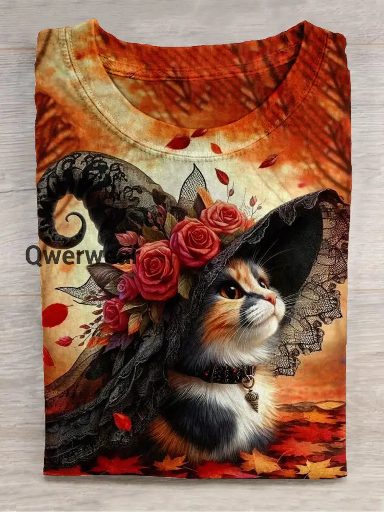 Cat Witch Art Print Unisex Round Neck Short Sleeve Casual T-Shirt Maroon / S