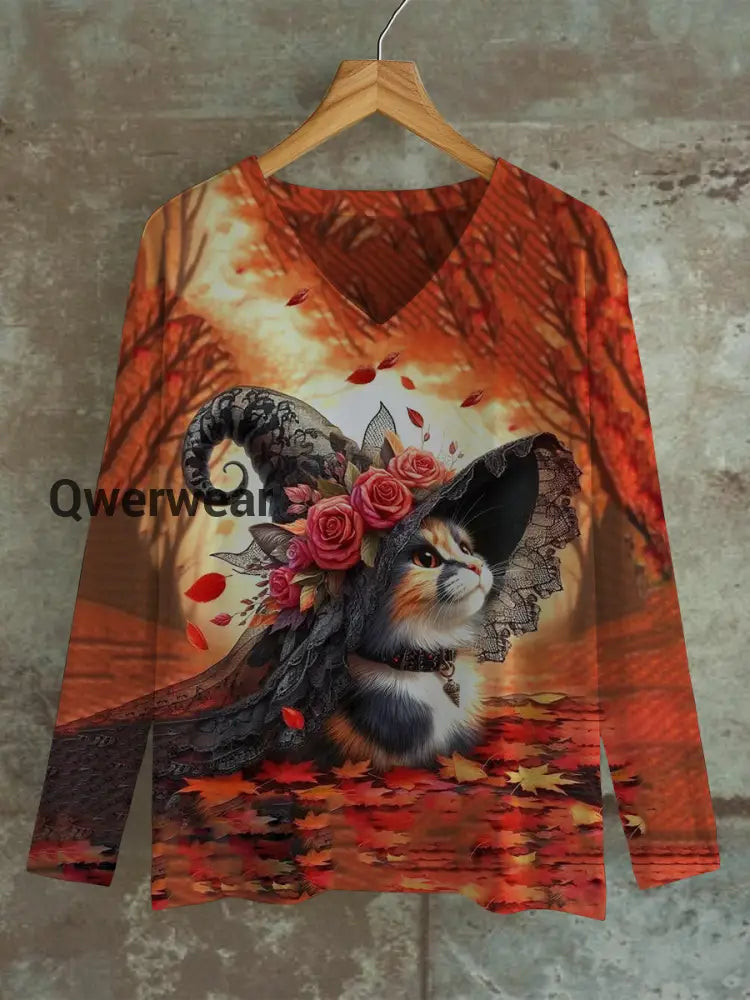 Cat Witch Art Print Unisex V-Neck Long Sleeve Casual T-Shirt Maroon / S