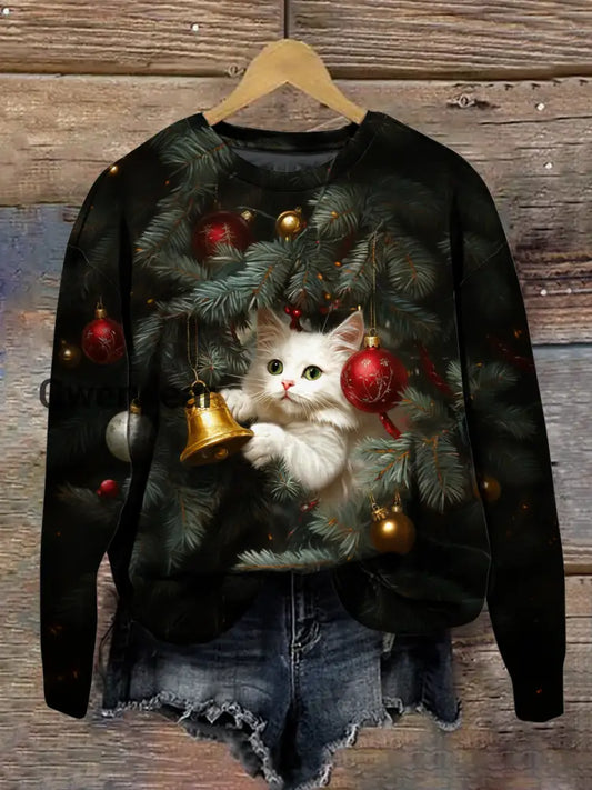 Christmas Art Print Round Neck Long Sleeve Casual Sweatshirt Black / S