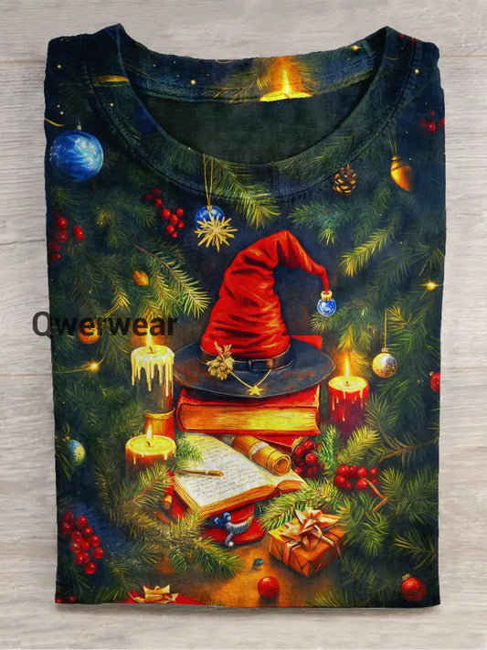 Christmas Book Christmas Hat Art Print Unisex Round Neck Short Sleeve Casual T-shirt Dark Green / S