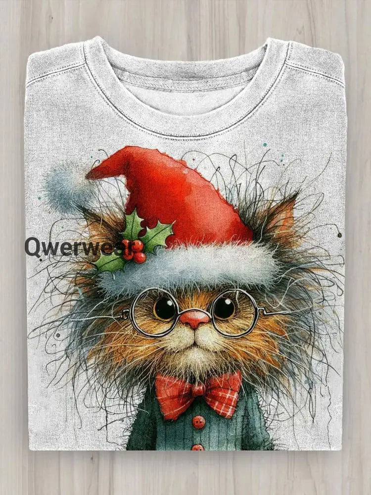 Christmas Cat Art Print Casual Long Sleeve Top Mixed Color / S Women\’s Tops