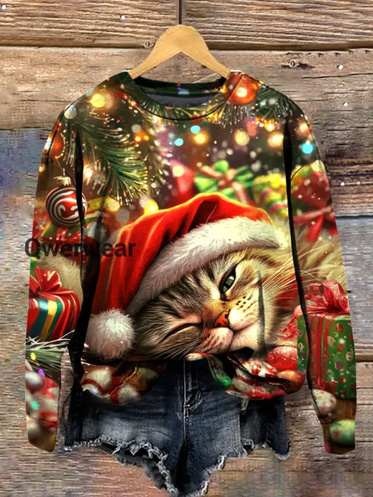 Christmas Cat Art Print Round Neck Long Sleeve Casual Sweatshirt Colorful / S