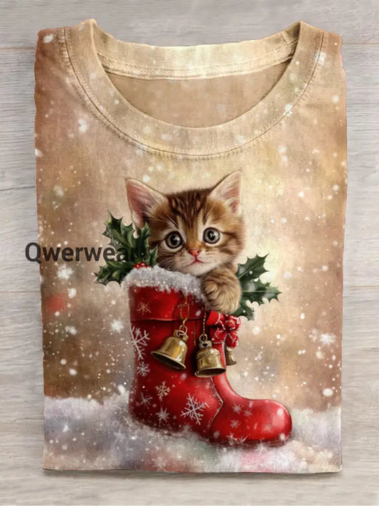 Christmas Cat Art Print Round Neck Short Sleeve Casual T-Shirt Brown / S