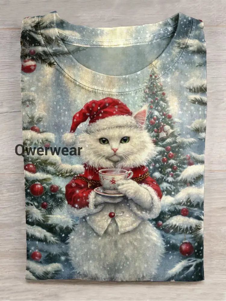 Christmas Cat Art Print Round Neck Short Sleeve Casual T-Shirt Dark Blue-Gray / S