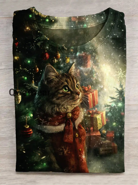 Christmas Cat Art Print Round Neck Short Sleeve Casual T-Shirt Green / S