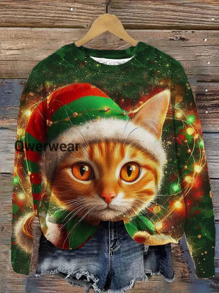 Christmas Cats Printed Long Sleeve Casual Top Mixed Color / S Women\’s Tops