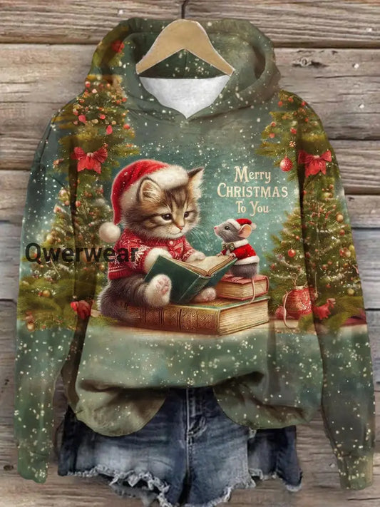 Christmas Cute Cat and Opossum Print Long Sleeve Top Mixed Color / S Women\’s Tops