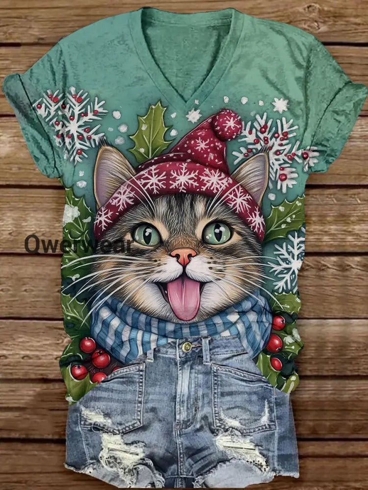 Christmas Fun Cat Art Print Unisex V-Neck Short Sleeve Casual T-Shirt Light Green / S