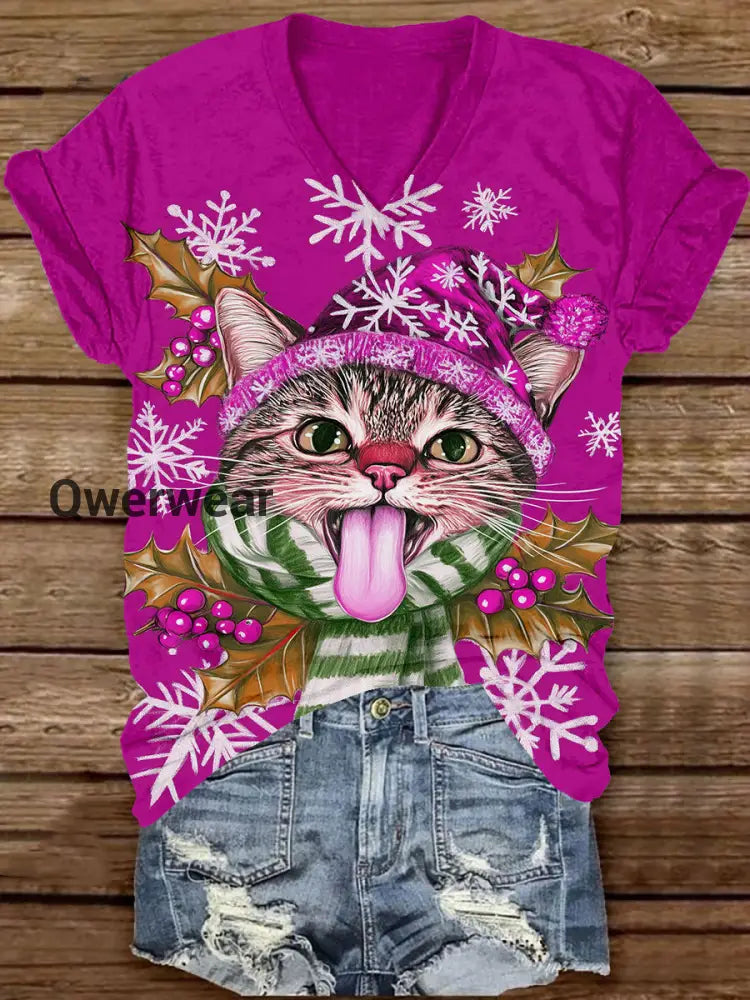Christmas Fun Cat Art Print Unisex V-Neck Short Sleeve Casual T-Shirt Rose Red / S