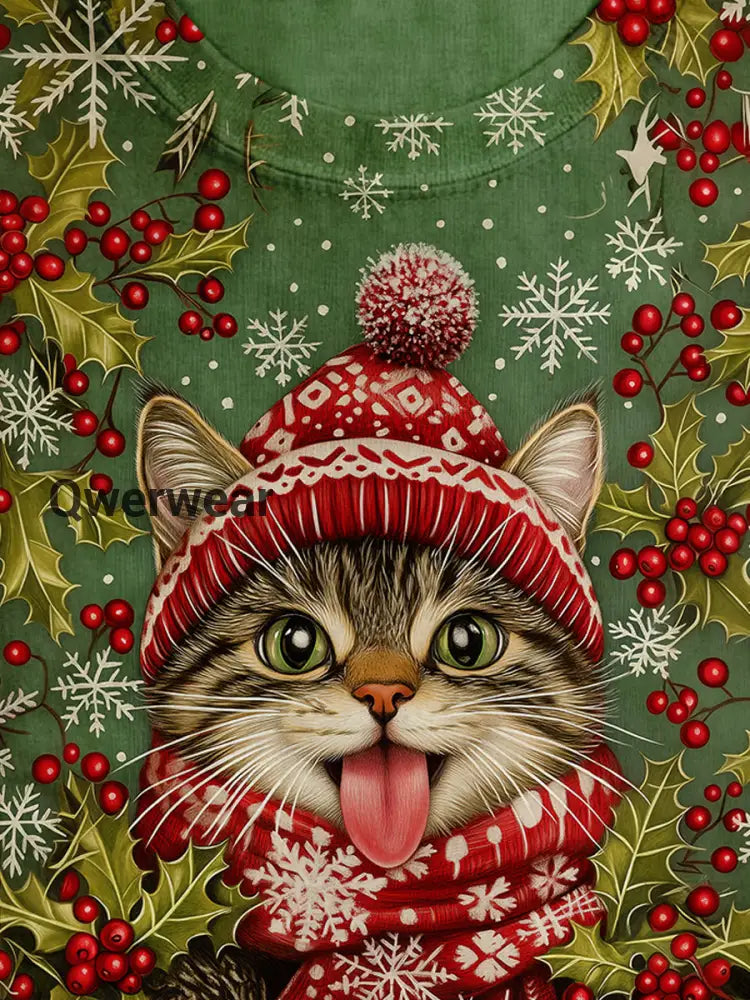 Christmas Fun Cat Print Unisex Round Neck Short Sleeve Casual T-Shirt