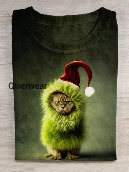 Christmas Fun Cat Print Unisex Round Neck Short Sleeve Casual T-Shirt Dark Green / S