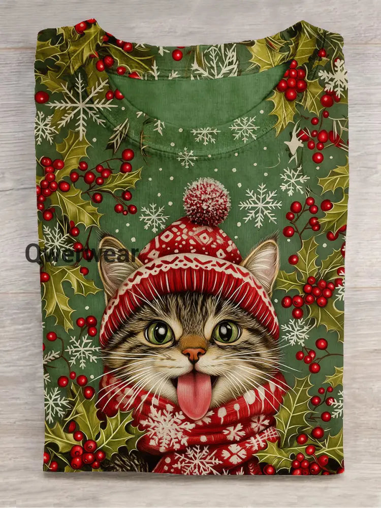 Christmas Fun Cat Print Unisex Round Neck Short Sleeve Casual T-Shirt Green / S