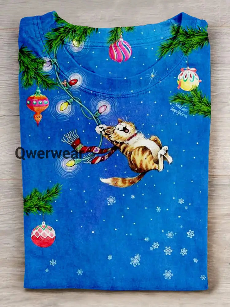 Christmas Funny Cat Crew Neck T-shirt Mixed Color / S Women\’s Tops