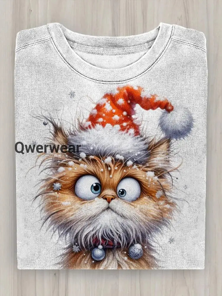 Christmas Funny Cat Crew Neck T-shirt Mixed Color / S Women\’s Tops