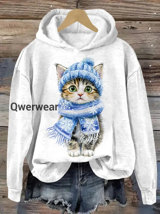 Christmas Funny Cat Print Unisex Long Sleeve Casual Hooded Sweatshirt White / S