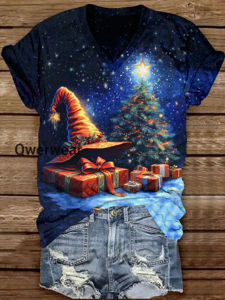 Christmas Witch Christmas Tree Art Print Unisex V-neck Short Sleeve Casual T-shirt Navy Blue / S