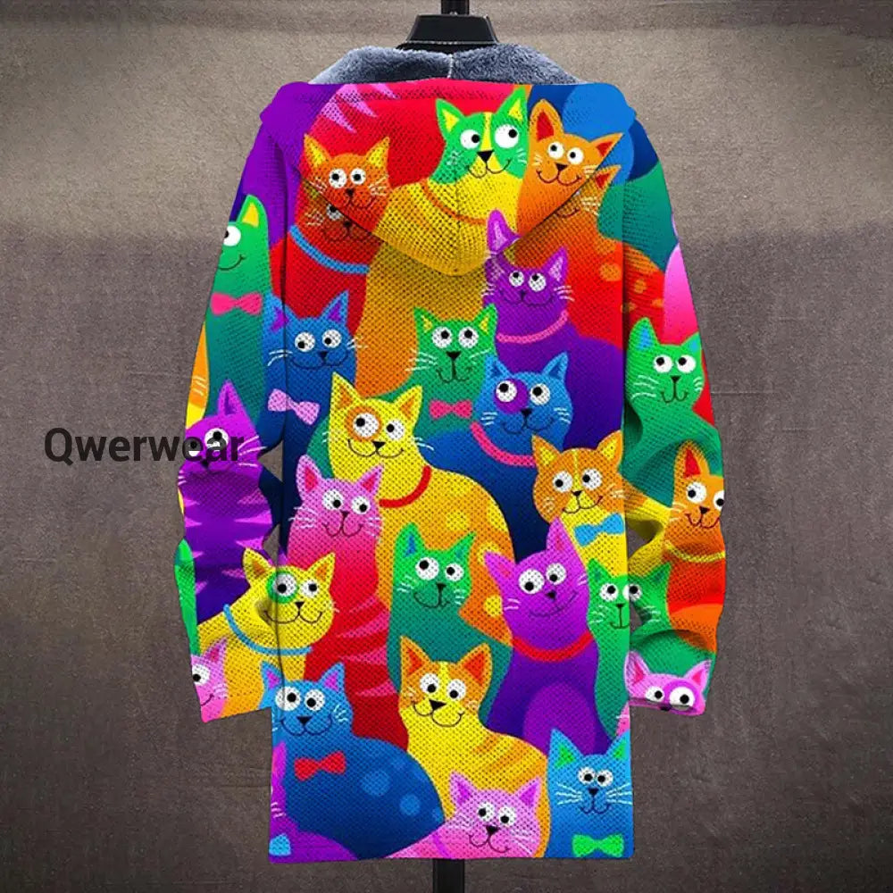 Colorful Cat Art Pattern Plush Thick Long Sleeve Sweater Cardigan Jacket Men\’s Tops
