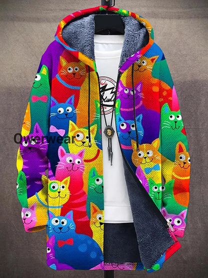 Colorful Cat Art Pattern Plush Thick Long Sleeve Sweater Cardigan Jacket Men\’s Tops