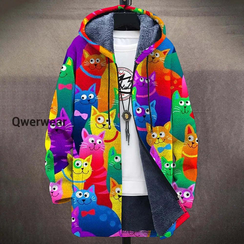 Colorful Cat Art Pattern Plush Thick Long Sleeve Sweater Cardigan Jacket multicolor / S Men\’s Tops