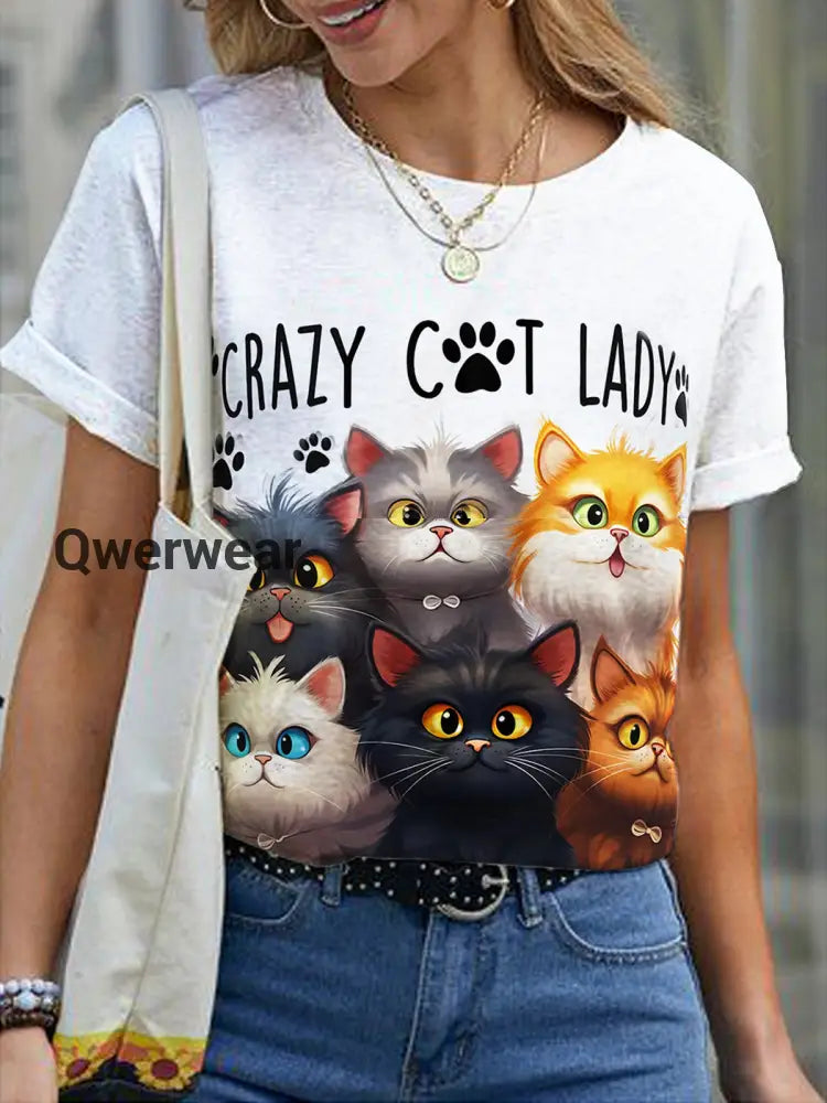 Crazy Cat Lady Print Crew Neck Top Mixed Color / S Women\’s Tops
