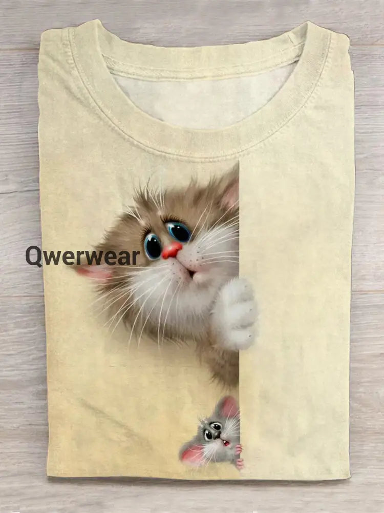 Cute And Funny Cat Crew Neck T-shirt Mixed Color / S Women\’s Tops