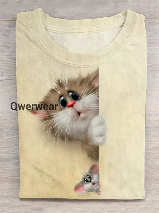 Cute And Funny Cat Crew Neck T-shirt Mixed Color / S Women\’s Tops