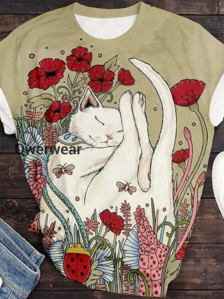 Cute Cat And Floral Print Crew Neck T-shirt As Picture / S Women\’s Tops