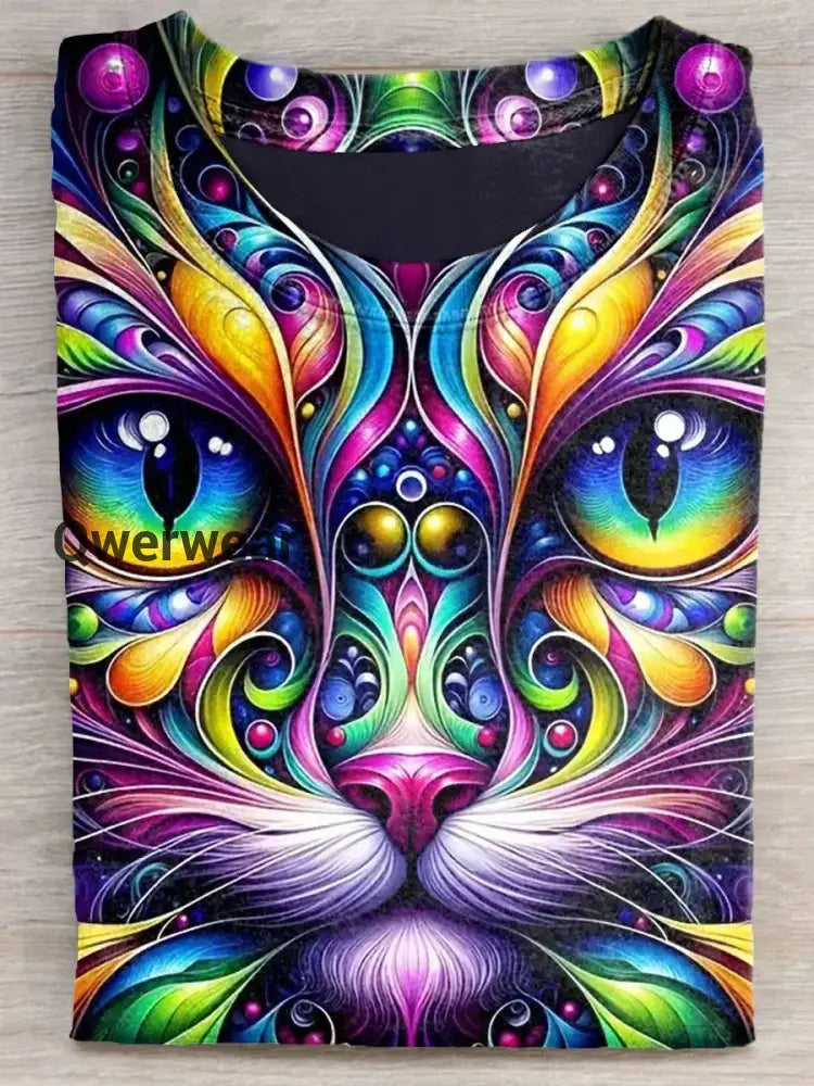 Cute Cat Art Print Casual Short Sleeve T-shirt