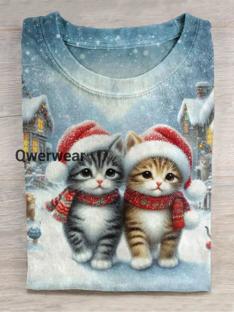 Cute Cat Christmas Print Unisex Crew Neck Short Sleeve Casual T-Shirt Light Blue / S