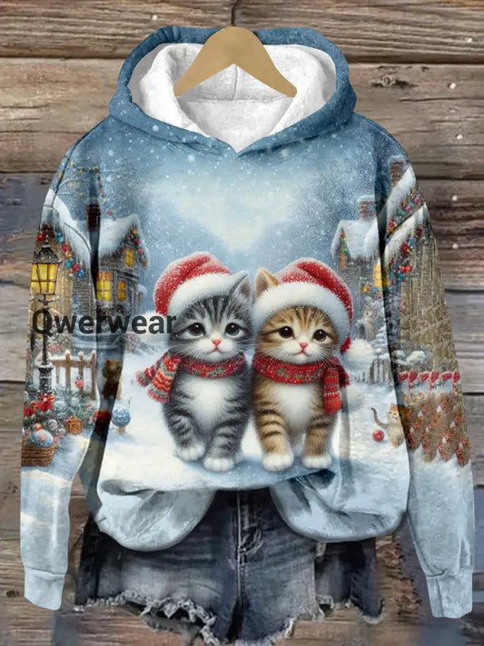 Cute Cat Christmas Print Unisex Long Sleeve Casual Hooded Sweatshirt Light Blue / S
