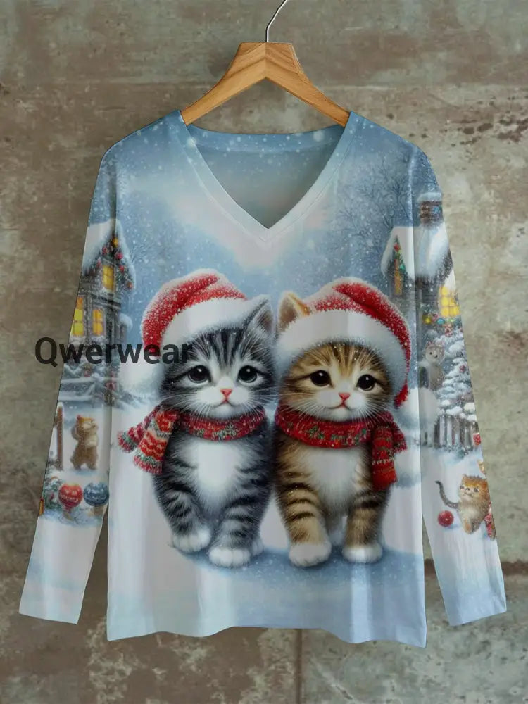Cute Cat Christmas Print Unisex V-Neck Long Sleeve Casual T-Shirt Light Blue / S