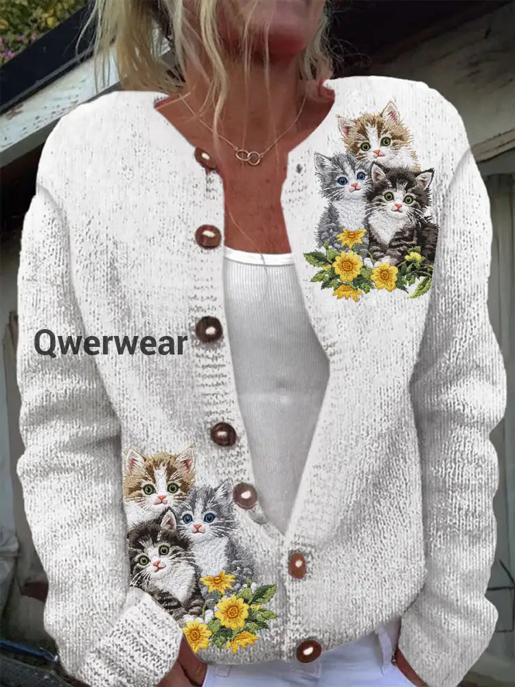 Cute Cat Floral Print Casual Long Sleeve Knit Cardigan White / S