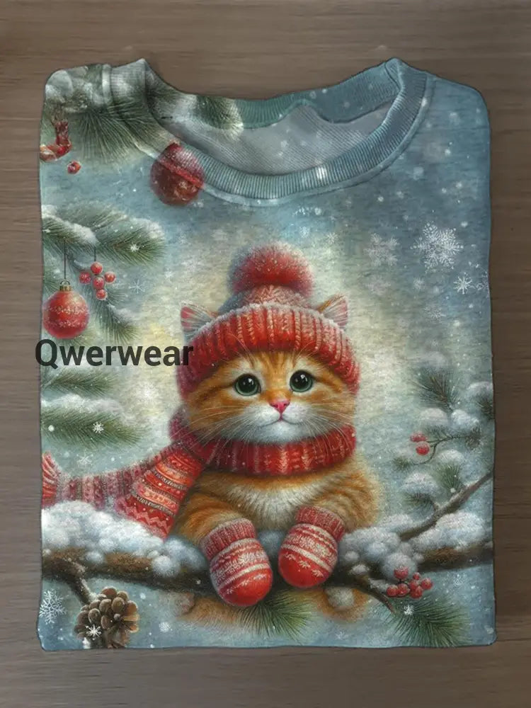 Cute Cat Merry Christmas Printed Long Sleeve Casual Top Mixed Color / S Women\’s Tops