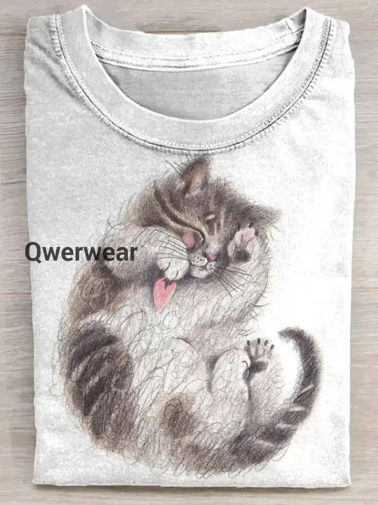 Cute Cat Painting Art Print Casual Short Sleeve T-shirt