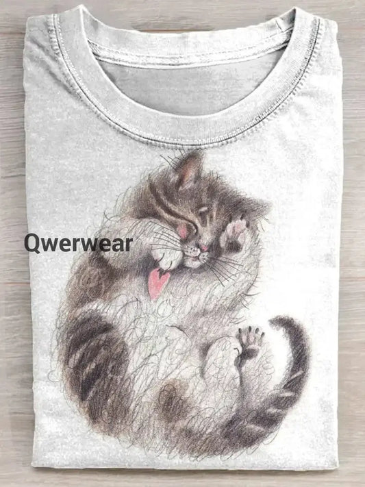 Cute Cat Painting Art Print Casual Short Sleeve T-shirt
